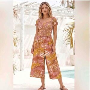 Patrons of Peace Smocked Off The Shoulders Wide Leg Tropical Print Jumpsuit NWOT